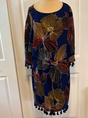 Trina Turk Navy Floral Tassel-Trim Dress